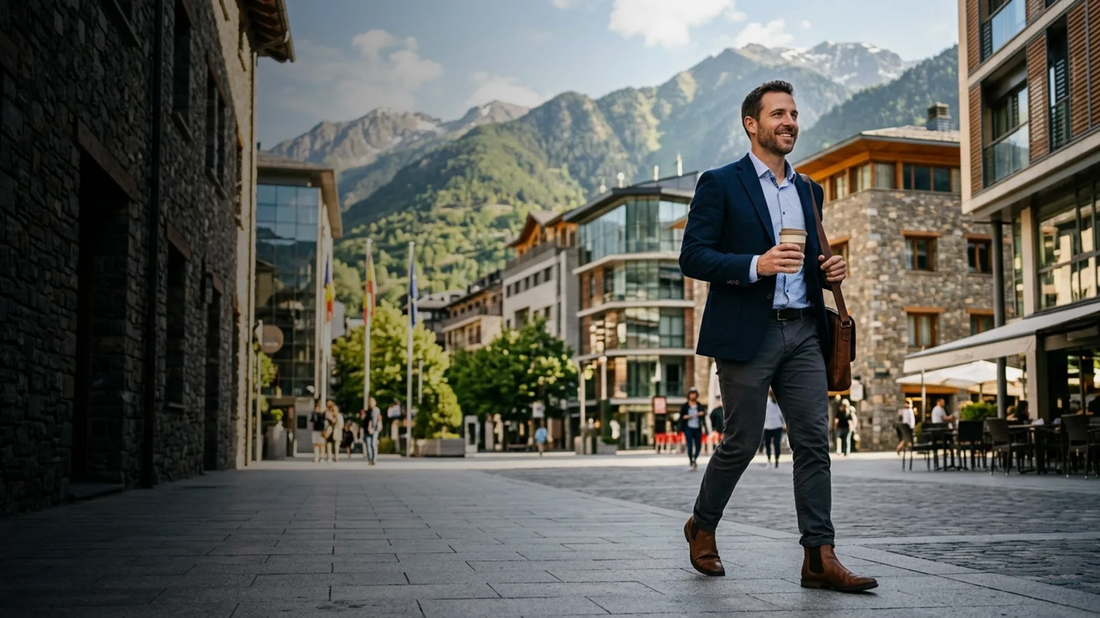 Professionnel en résidence active à Andorre, marchant dans un centre-ville moderne