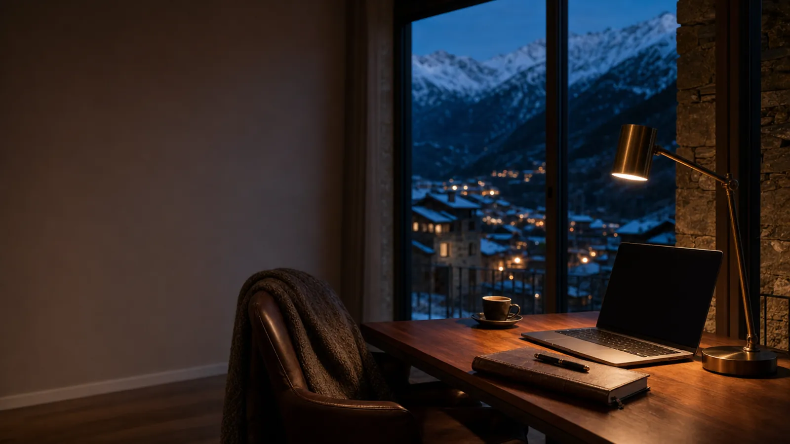 Bureau d’un indépendant dans un appartement andorran à l’heure bleue, ordinateur, carnet et vue sur une vallée enneigée