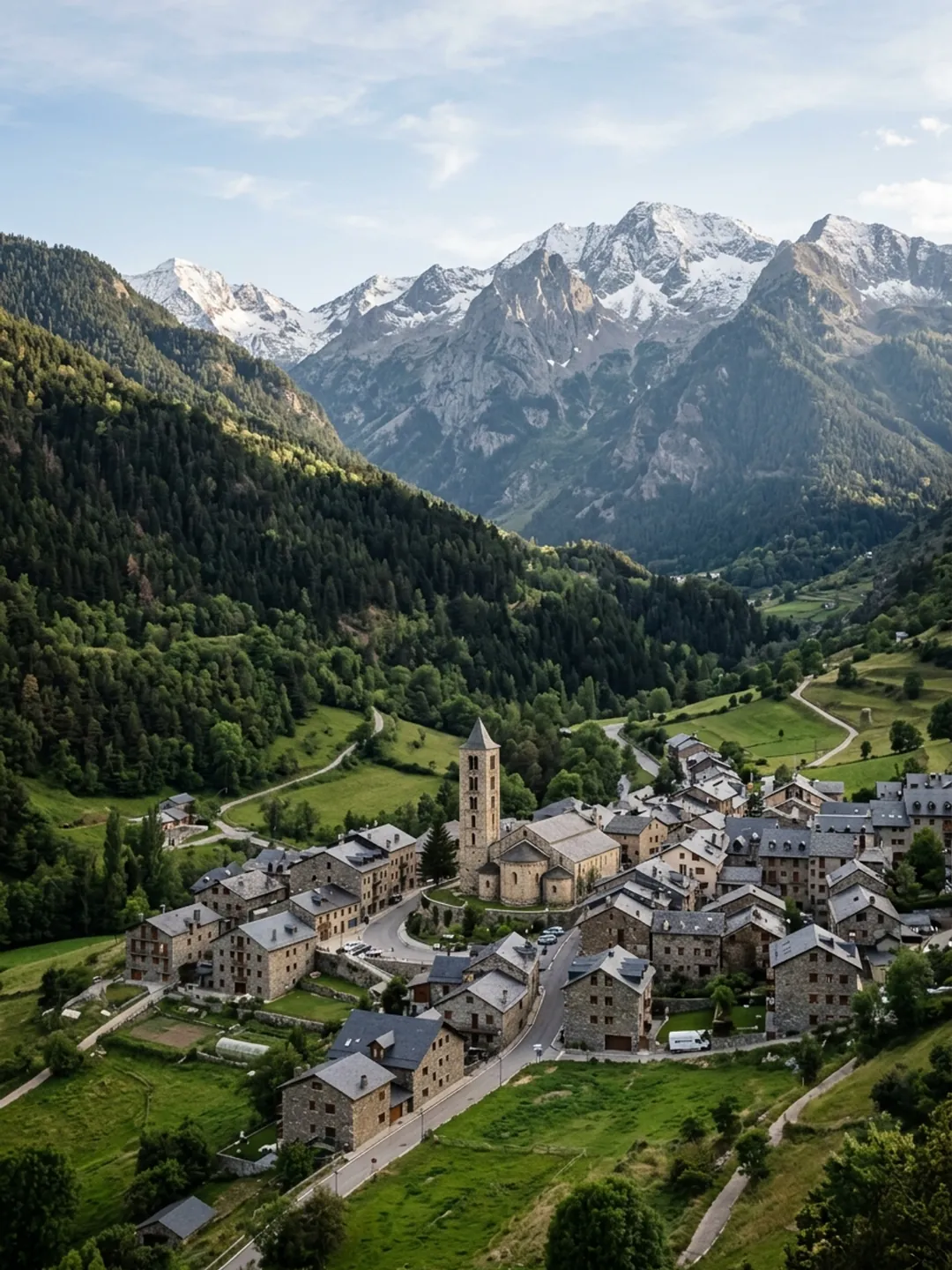 Vallée andorrane et sommets des Pyrénées au-dessus de Canillo, à la lumière de fin d'après-midi