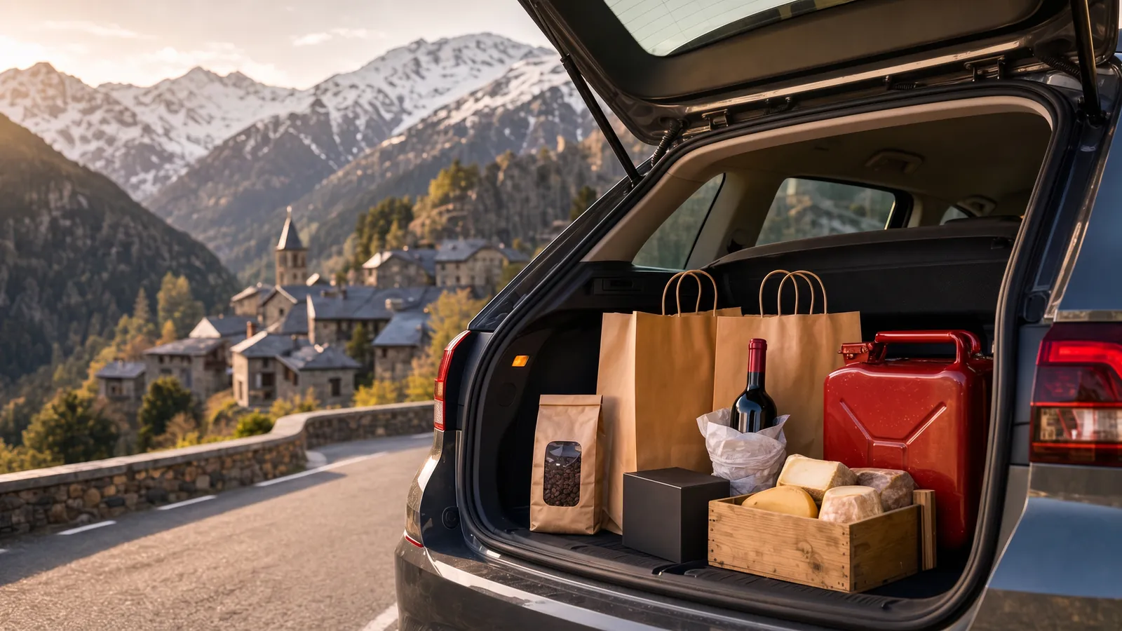 Bagageira aberta de um carro numa estrada dos Pirenéus andorranos, com sacos de compras, garrafa de vinho, café, queijos e um bidão de combustível, aldeia de pedra e picos nevados ao fundo