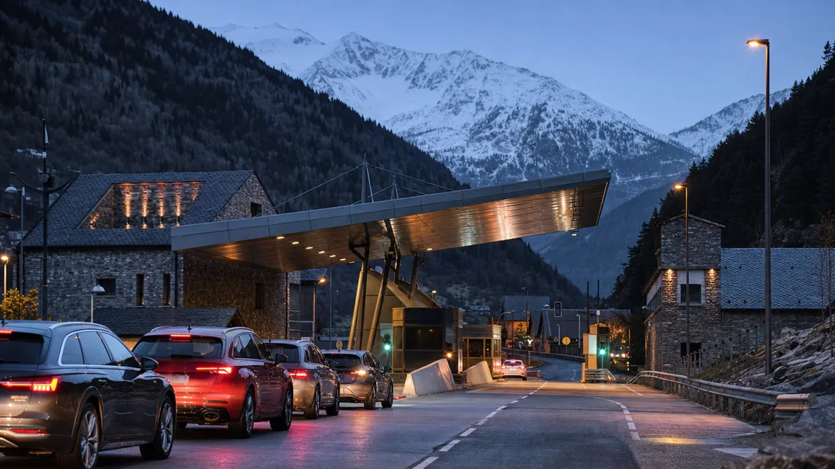 Fila de carros à hora azul junto a um posto fronteiriço coberto por uma pala, numa estrada de montanha dos Pirenéus