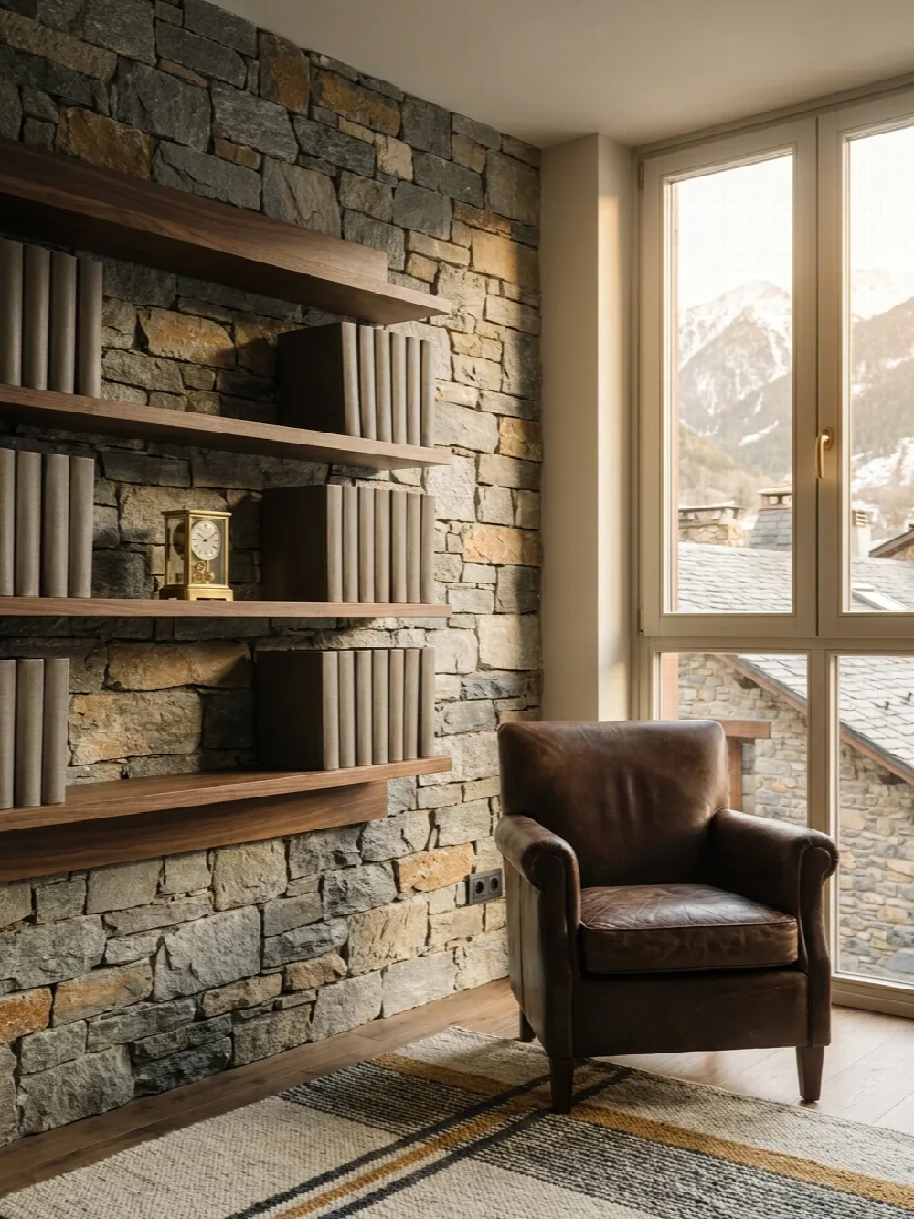 Coin d’accueil du cabinet Andorre Gestoria : mur de pierre, dossiers reliés et fauteuil en cuir face aux toits de Canillo