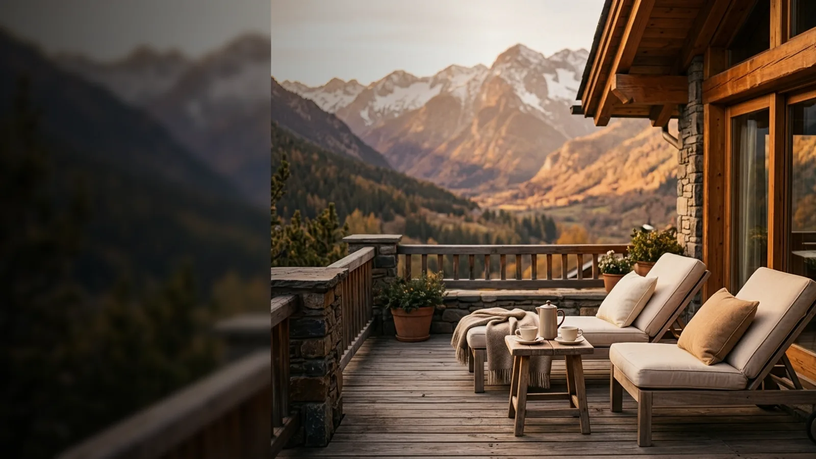 Terrasse de chalet andorran avec transats face aux montagnes au coucher du soleil