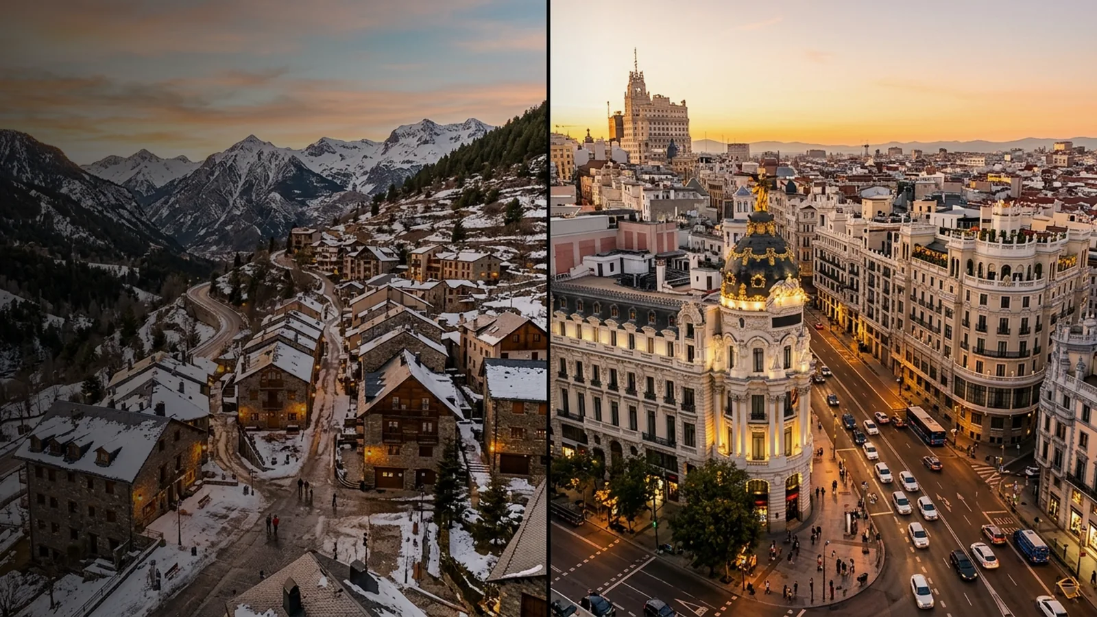 Andorra vs Espanya: poblet de muntanya andorrà i Gran Via de Madrid