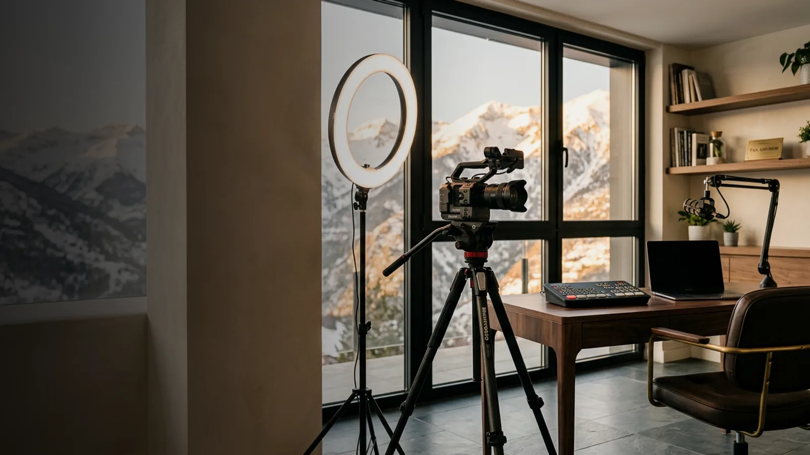 Studio de création de contenu avec caméra et ring light face aux Pyrénées andorranes enneigées