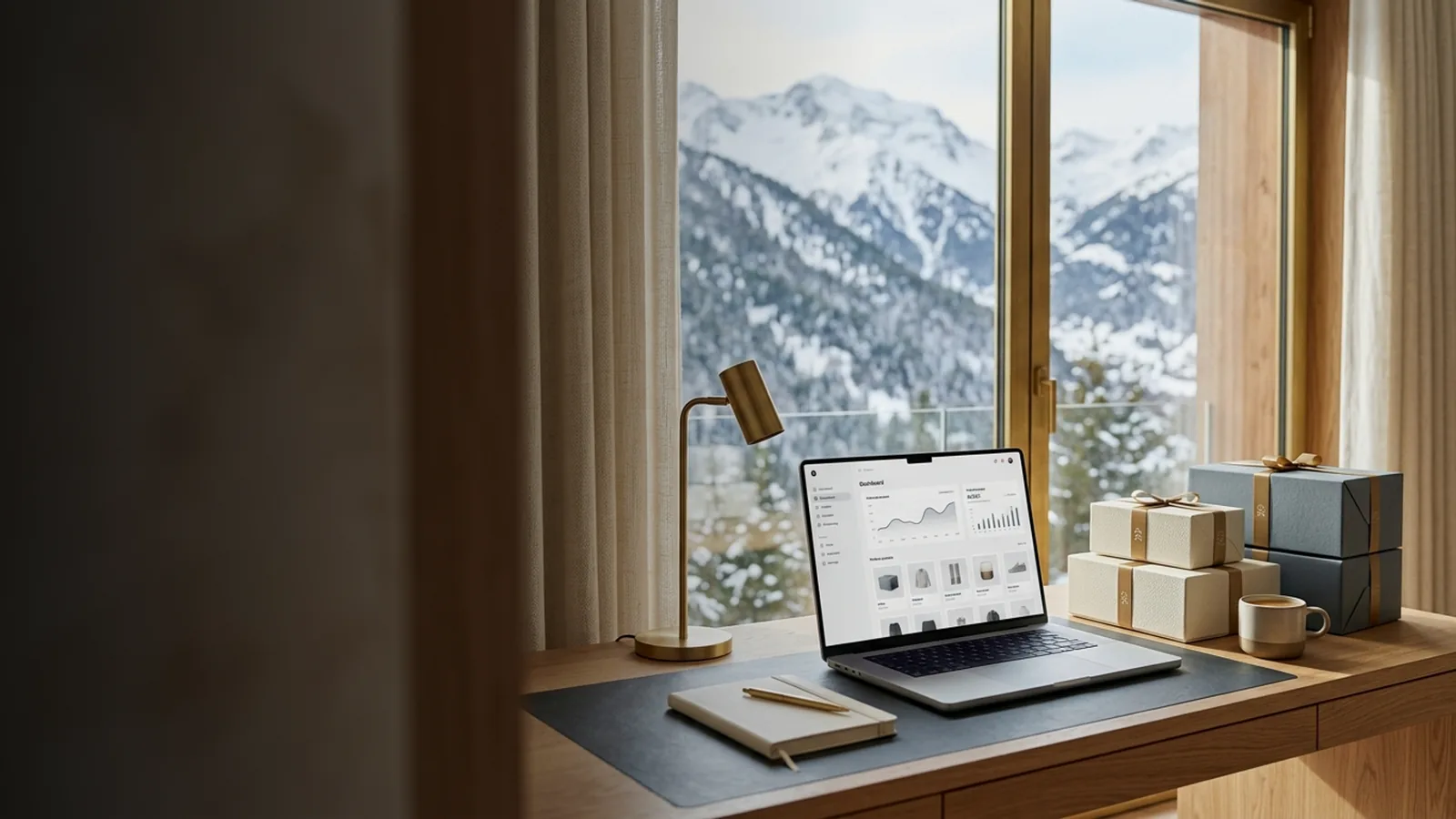 Bureau d’entrepreneur e-commerce avec ordinateur portable et colis face aux Pyrénées andorranes