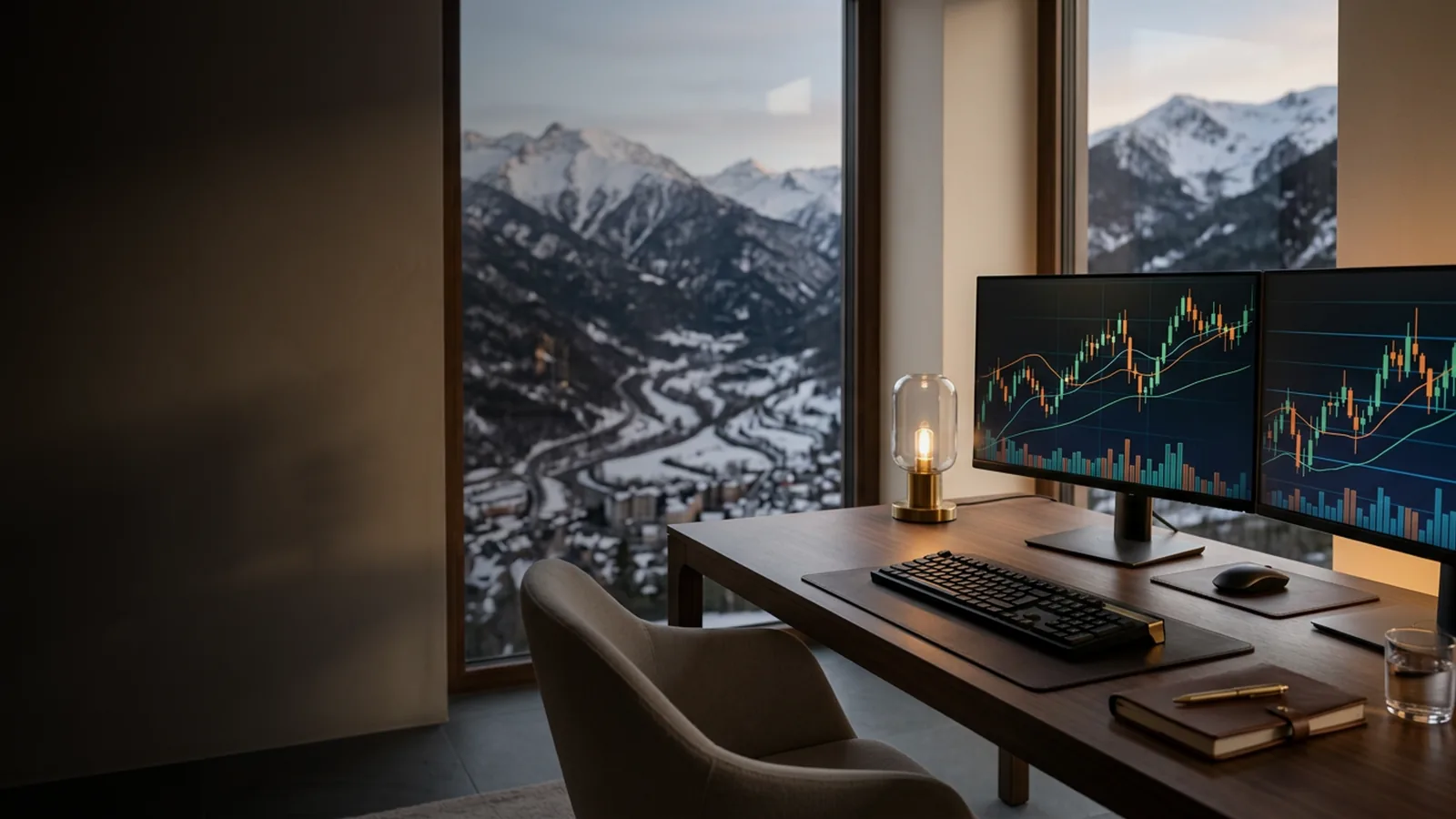Bureau de trading avec écrans de graphiques face aux Pyrénées andorranes enneigées