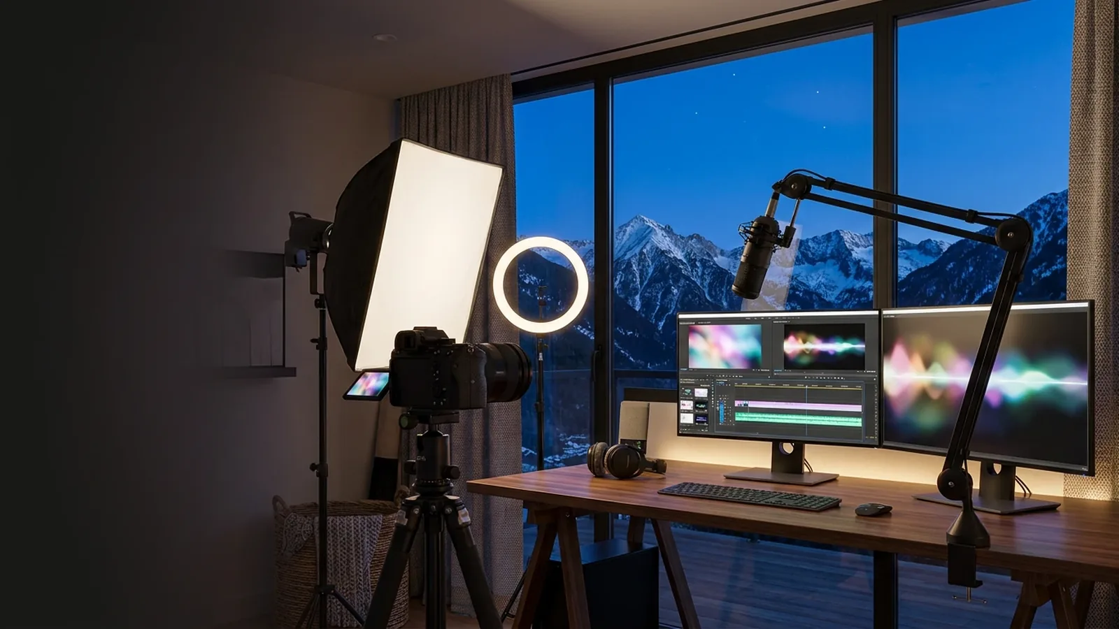 Studio de création de contenu moderne face aux montagnes enneigées d’Andorre