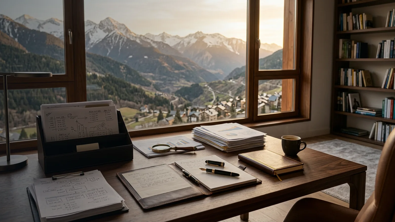 Espace de travail avec documents financiers et vue sur les montagnes d’Andorre — conseil en optimisation fiscale