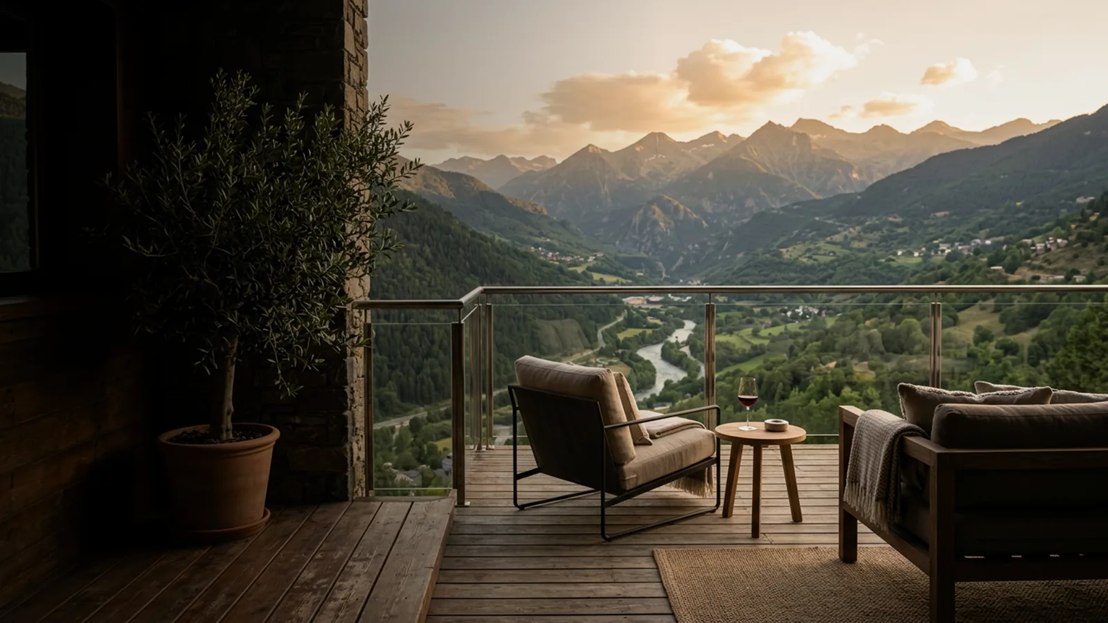 Résidence passive en Andorre : terrasse sereine avec vue panoramique sur les montagnes