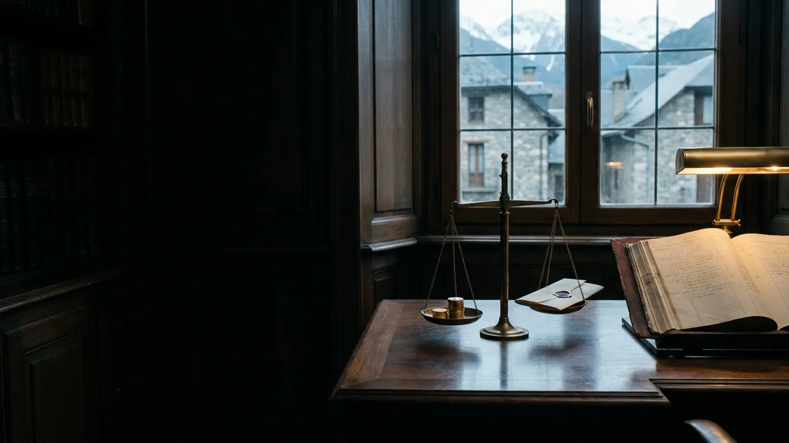 Brass scales balancing salary and dividends on an Andorran accounting firm's desk