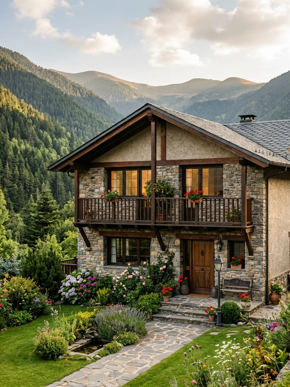 Chalet andorran en pierre et bois, cadre de vie de la résidence en Andorre