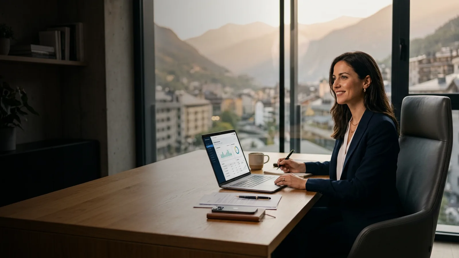 Entrepreneur créant sa société SL en Andorre, bureau lumineux avec vue sur la vallée