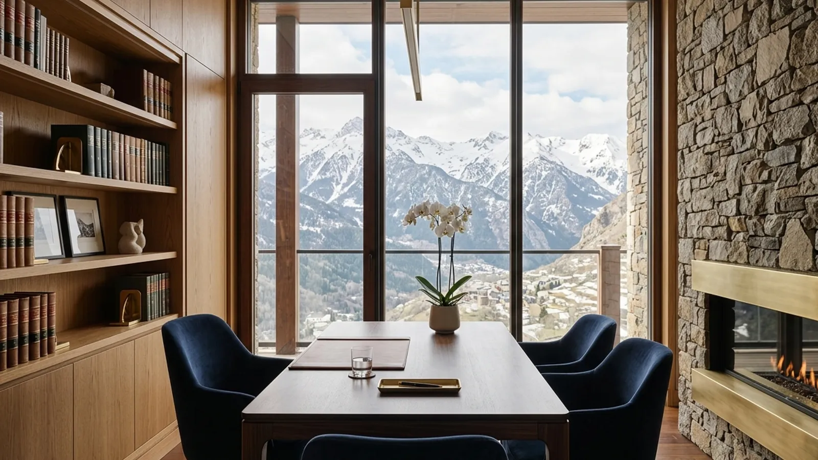 Bureau de direction moderne avec vue panoramique sur les montagnes d’Andorre