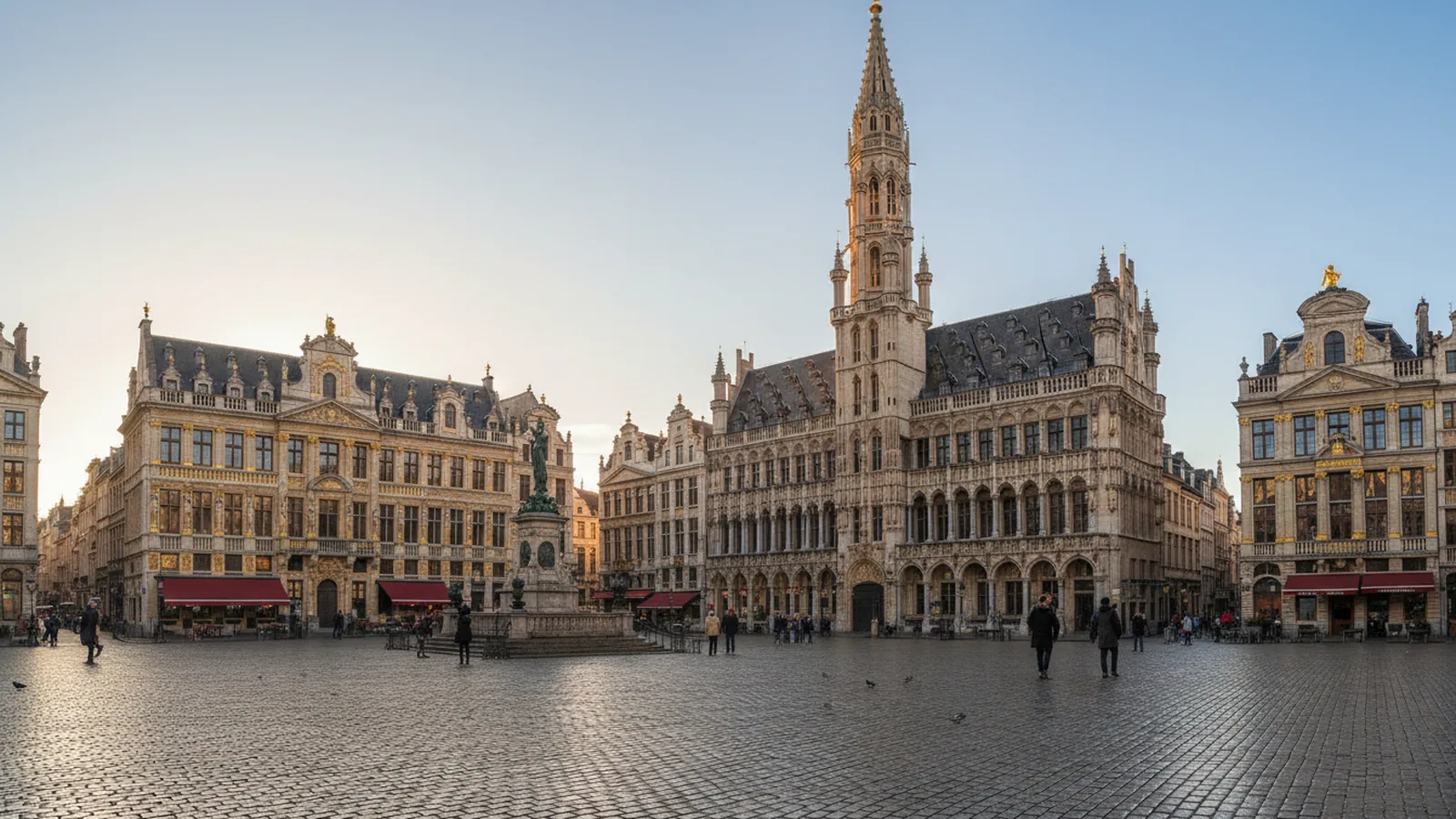 La Grand-Place de Bruxelles au petit matin, maisons des corporations et flèche de l’hôtel de ville
