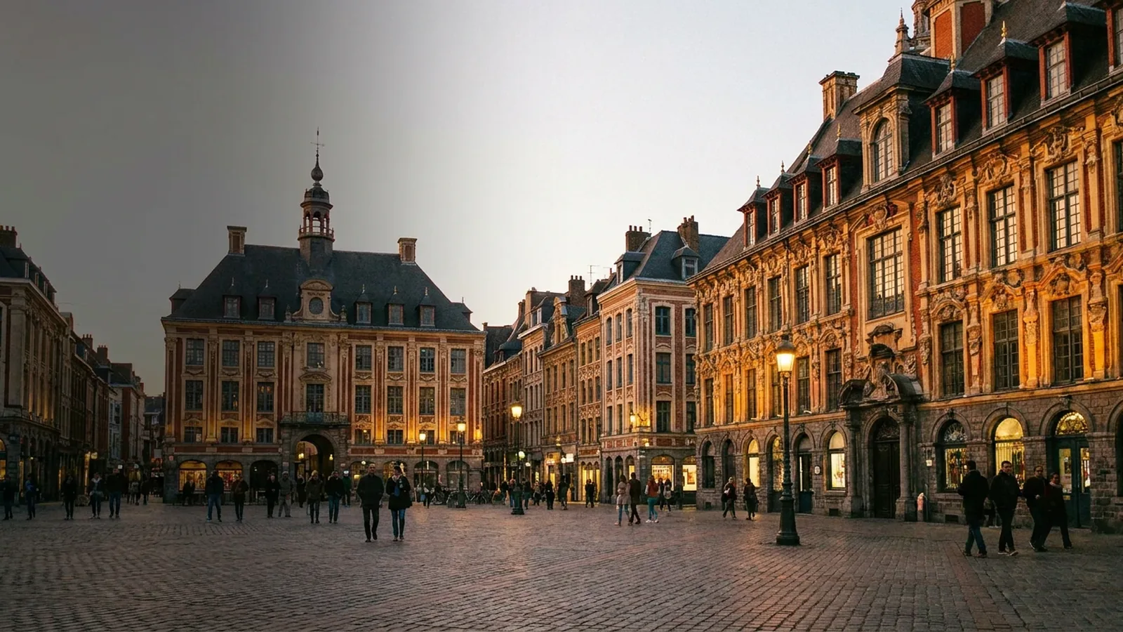 Lille, la Grand-Place flamande et la Vieille Bourse aux façades ornées, lumière du soir