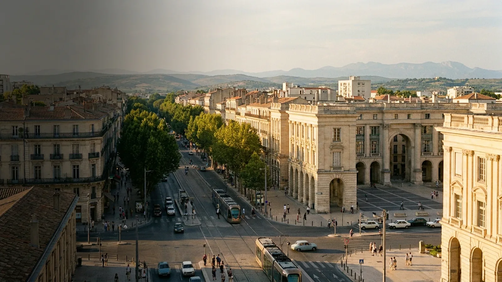 Montpellier, ses boulevards et le quartier Antigone, collines vers les Pyrénées à l’horizon