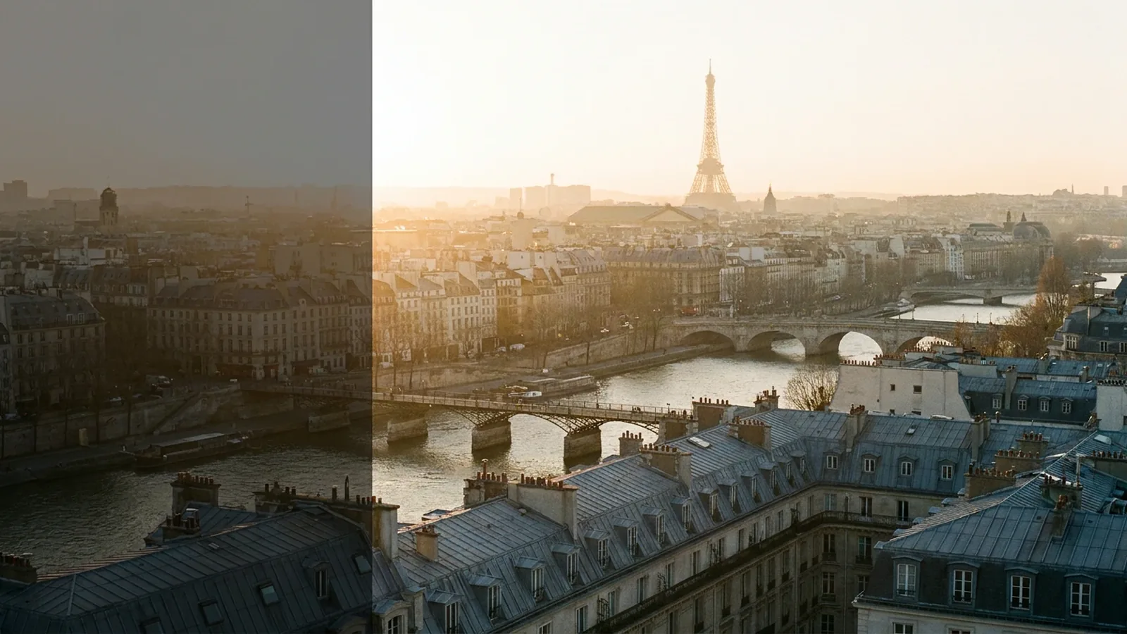 Paris, les toits haussmanniens et la Seine à l’heure dorée, la tour Eiffel au loin