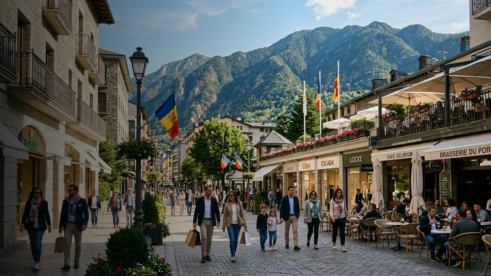 Vivre en Andorre : rue commerçante animée d’Andorre-la-Vieille et montagnes