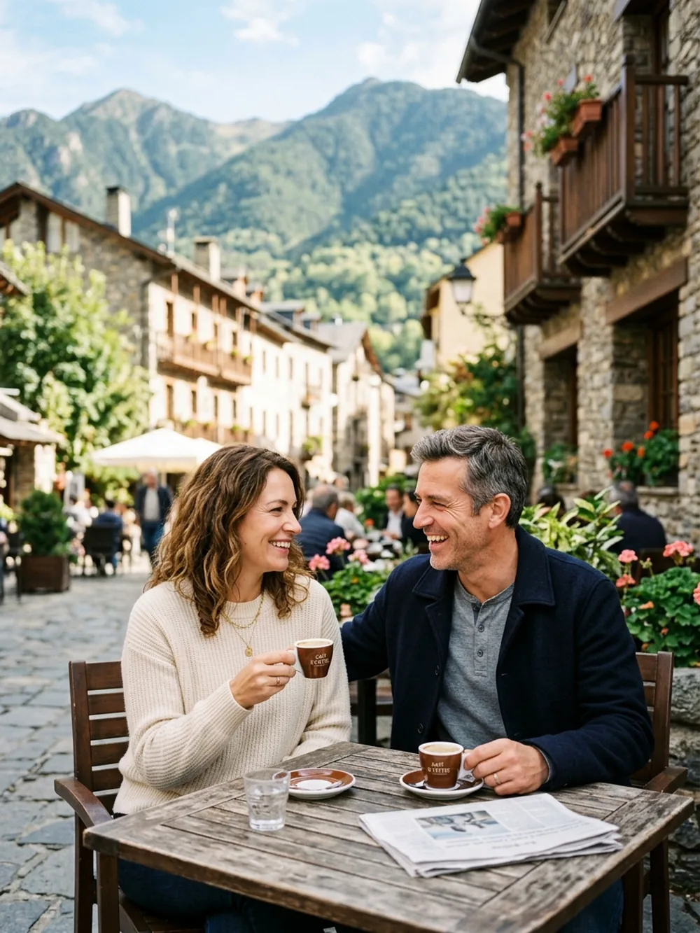 Couple profitant d’une terrasse de café dans un village d’Andorre